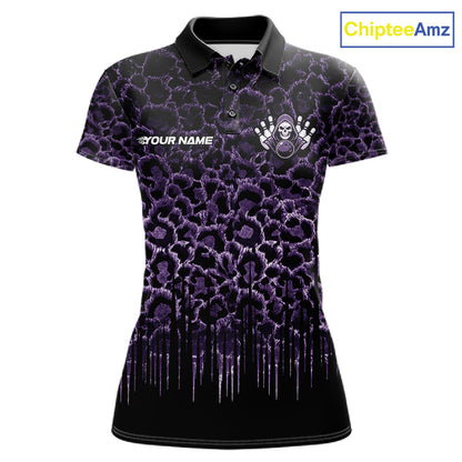 Personalized Purple Fire Skull Bowling Polo Shirt & Quarter Zip With Custom Team Name For Women NHT1627