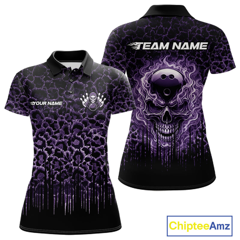 Personalized Purple Fire Skull Bowling Polo Shirt & Quarter Zip With Custom Team Name For Women NHT1627