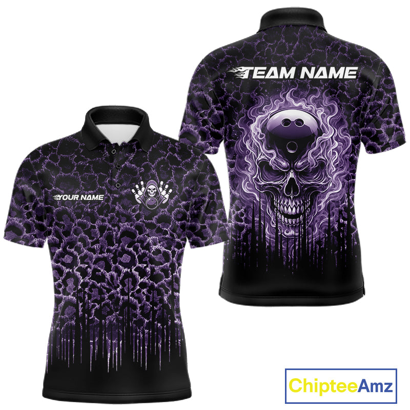Personalized Purple Fire Skull Bowling Polo Shirt & Quarter Zip With Custom Team Name For Men NHT1627