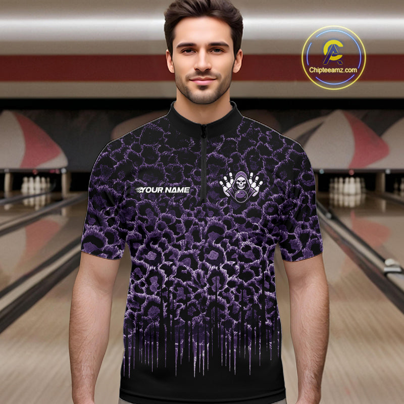 Personalized Purple Fire Skull Bowling Polo Shirt & Quarter Zip With Custom Team Name For Men NHT1627