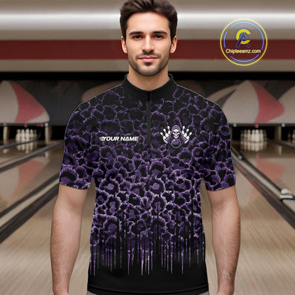 Personalized Purple Fire Skull Bowling Polo Shirt & Quarter Zip With Custom Team Name For Men NHT1627