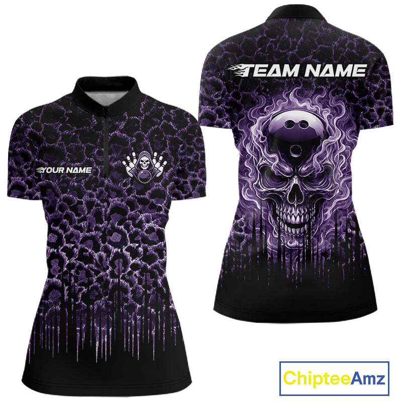 Personalized Purple Fire Skull Bowling Polo Shirt & Quarter Zip With Custom Team Name For Women NHT1627