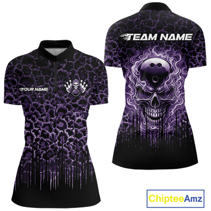 Personalized Purple Fire Skull Bowling Polo Shirt & Quarter Zip With Custom Team Name For Women NHT1627