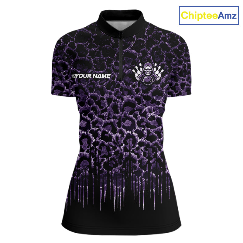 Personalized Purple Fire Skull Bowling Polo Shirt & Quarter Zip With Custom Team Name For Women NHT1627