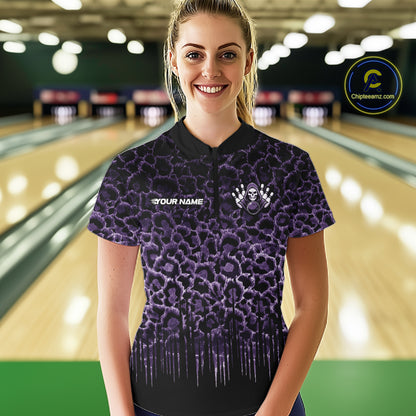 Personalized Purple Fire Skull Bowling Polo Shirt & Quarter Zip With Custom Team Name For Women NHT1627
