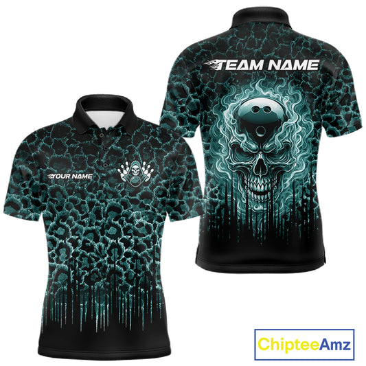 Personalized Green Fire Skull Bowling Polo Shirt & Quarter Zip With Custom Team Name For Men NHT1628