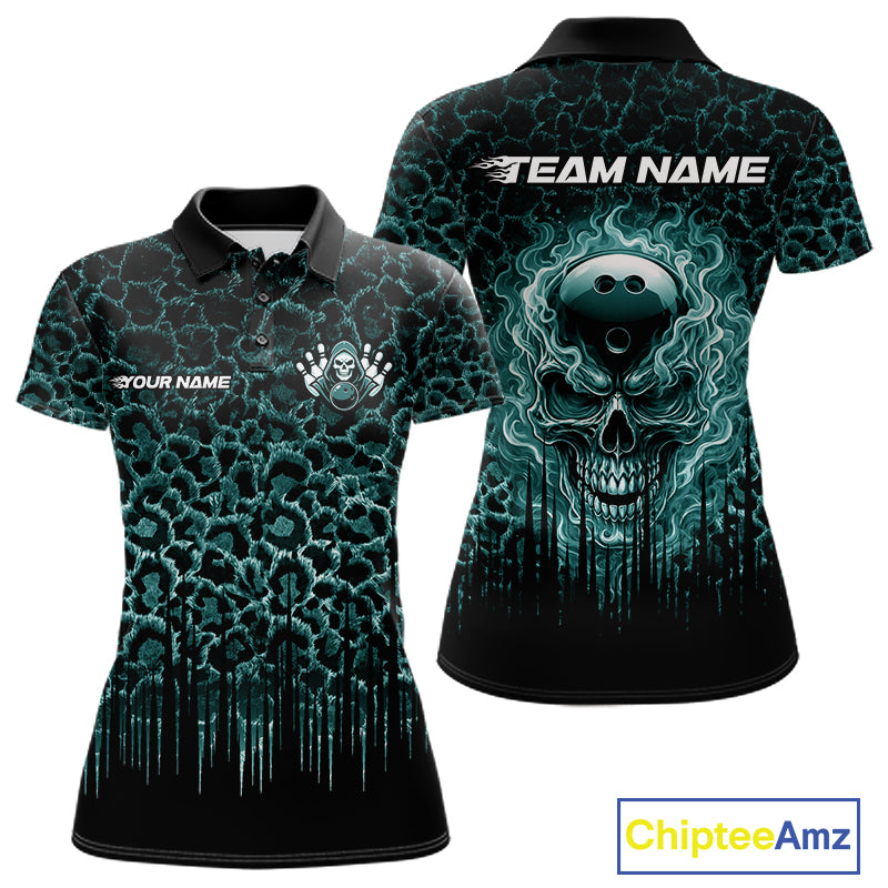 Personalized Green Fire Skull Bowling Polo Shirt & Quarter Zip With Custom Team Name For Women NHT1628