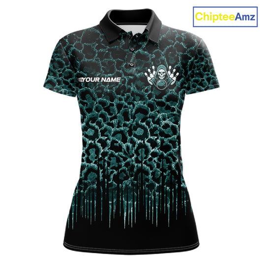 Personalized Green Fire Skull Bowling Polo Shirt & Quarter Zip With Custom Team Name For Women NHT1628