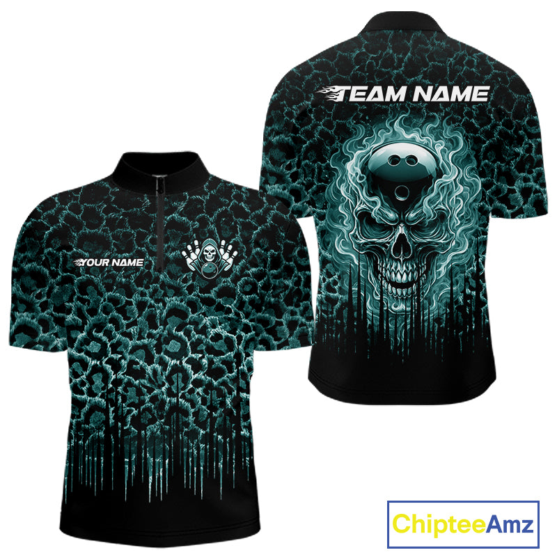 Personalized Green Fire Skull Bowling Polo Shirt & Quarter Zip With Custom Team Name For Men NHT1628
