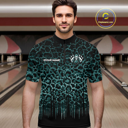 Personalized Green Fire Skull Bowling Polo Shirt & Quarter Zip With Custom Team Name For Men NHT1628