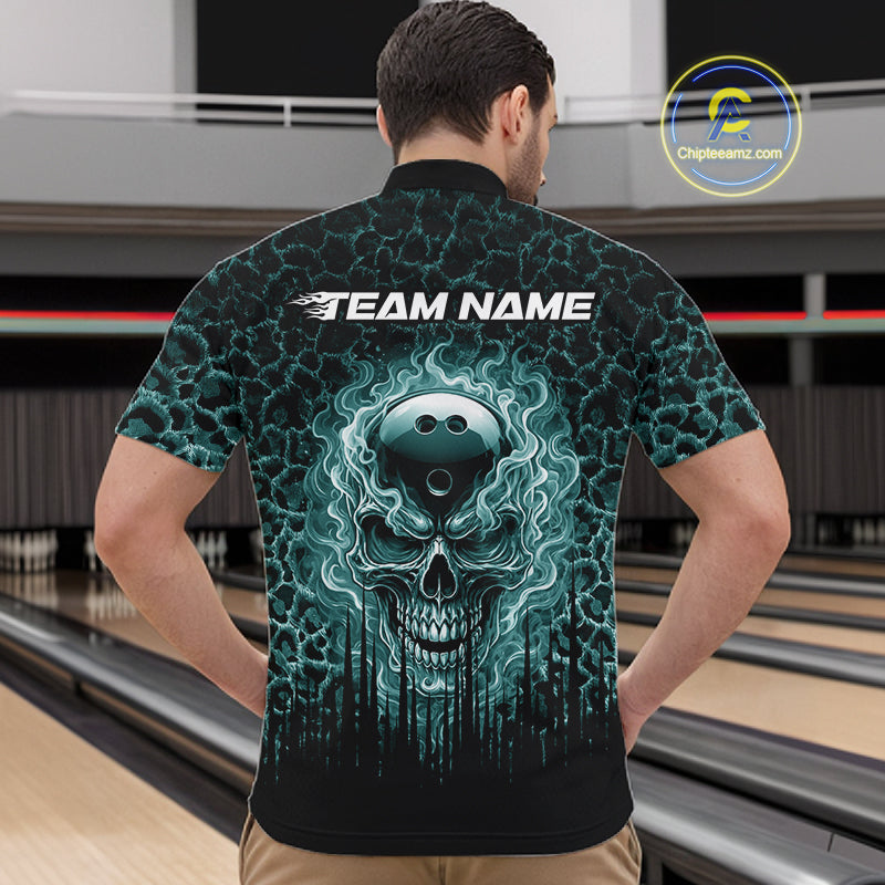 Personalized Green Fire Skull Bowling Polo Shirt & Quarter Zip With Custom Team Name For Men NHT1628