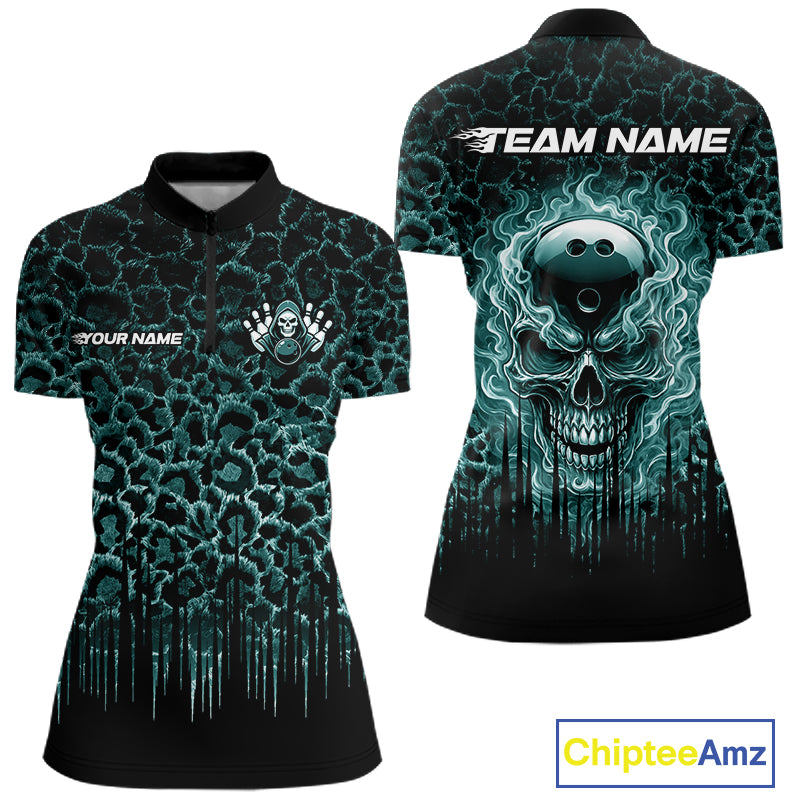 Personalized Green Fire Skull Bowling Polo Shirt & Quarter Zip With Custom Team Name For Women NHT1628