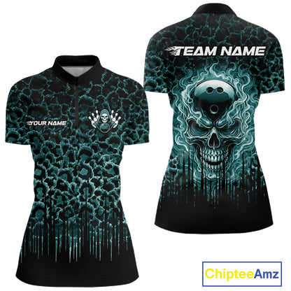 Personalized Green Fire Skull Bowling Polo Shirt & Quarter Zip With Custom Team Name For Women NHT1628