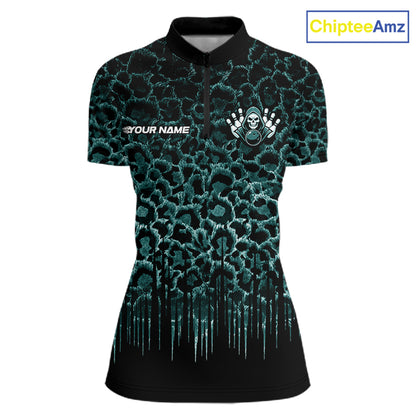 Personalized Green Fire Skull Bowling Polo Shirt & Quarter Zip With Custom Team Name For Women NHT1628
