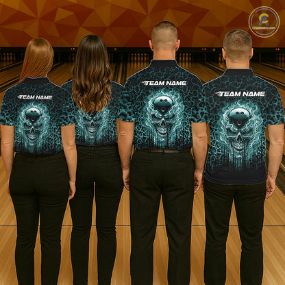 Personalized Green Fire Skull Bowling Polo Shirt & Quarter Zip With Custom Team Name For Women NHT1628