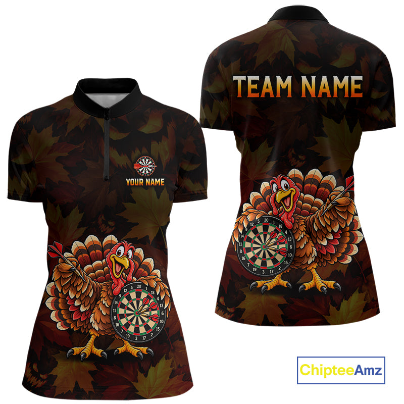 Thanksgiving Turkey Darts Polo Shirt For Women Custom Quarter Zip Autumn Fall Dart Board NHT1810