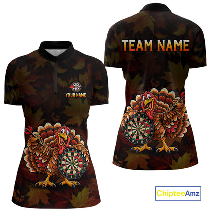 Thanksgiving Turkey Darts Polo Shirt For Women Custom Quarter Zip Autumn Fall Dart Board NHT1810