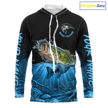Largemouth Bass Fishing Shirt Long Sleeve Hooded For Tournament – Angler Gift For Men Dad| Blue NHT849