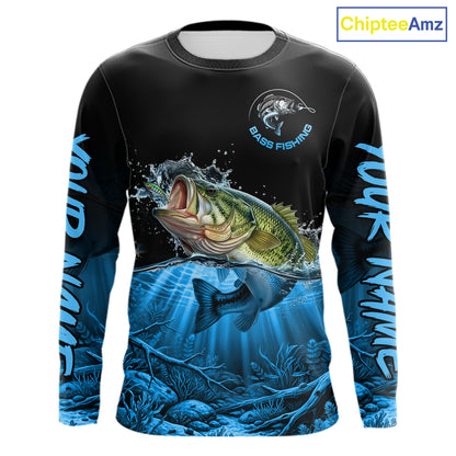 Largemouth Bass Fishing Shirt Long Sleeve For Tournament – Angler Gift For Men Dad| Blue NHT849