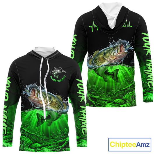 Largemouth Bass Fishing Shirt Long Sleeve Hooded For Tournament – Angler Gift For Men Dad| Green NHT851