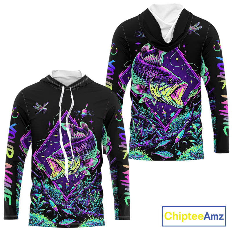 Neon Bass Fishing Shirts Long Sleeve Hooded  – Largemouth Bass Galaxy Glow Graphic Gift For Men Dad  NHT853