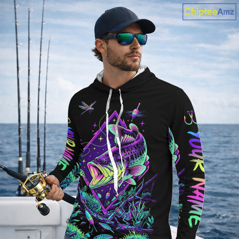 Neon Bass Fishing Shirts Long Sleeve Hooded  – Largemouth Bass Galaxy Glow Graphic Gift For Men Dad  NHT853