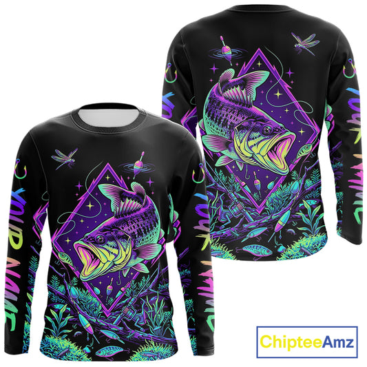 Neon Bass Fishing Shirts Long Sleeve  – Largemouth Bass Galaxy Glow Graphic Gift For Men Dad  NHT853