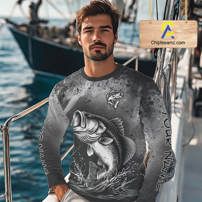 Gray Camo Bass Fishing Custom Long Sleeve Tournament Fishing Shirts, Fishing Shirt For Men NHT442