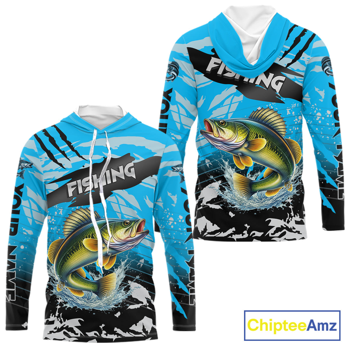 Walleye Fishing Blue Camo Jerseys Custom Performance Long Sleeve Hooded Tournament Fishing Shirts NHT509