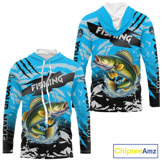Walleye Fishing Blue Camo Jerseys Custom Performance Long Sleeve Hooded Tournament Fishing Shirts NHT509