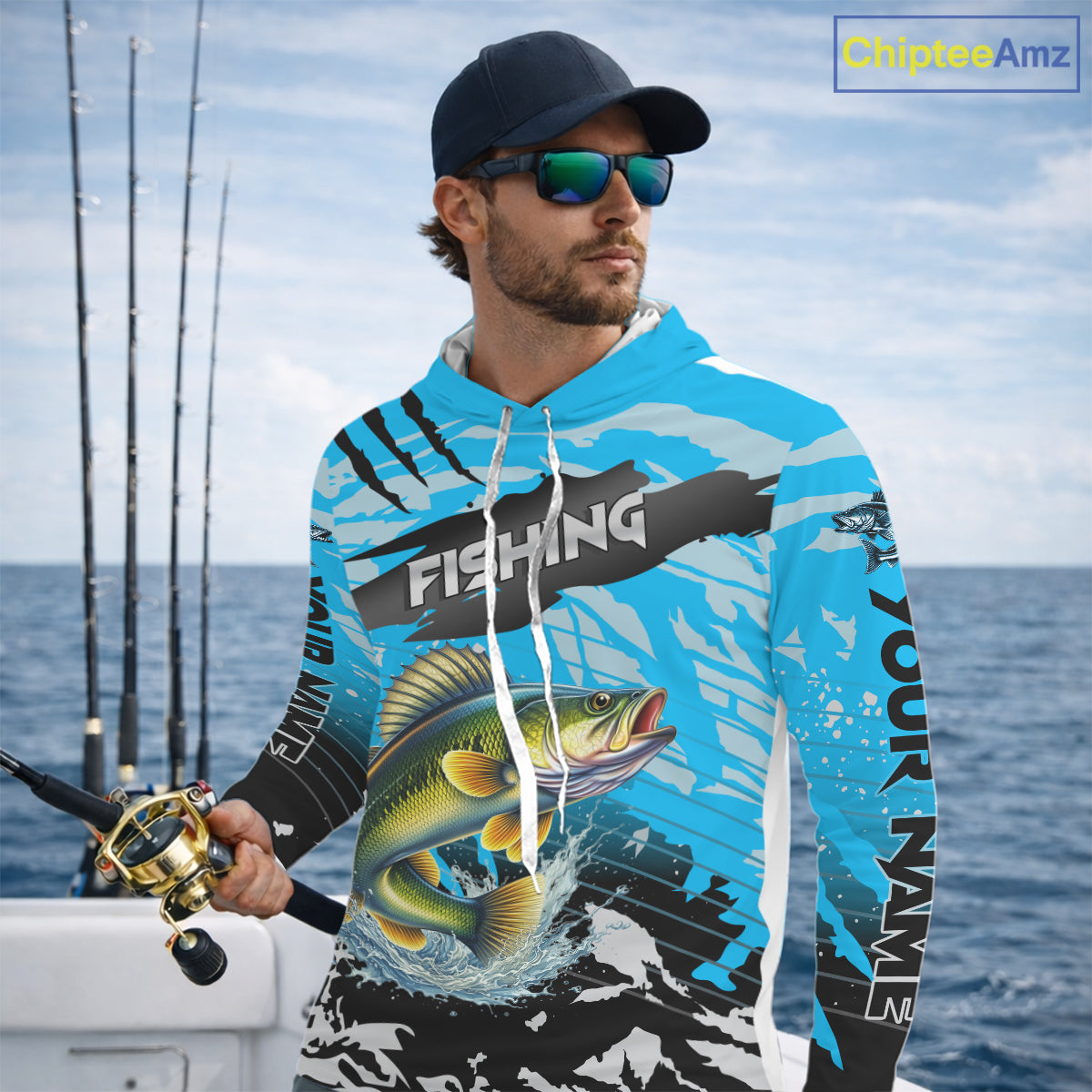 Walleye Fishing Blue Camo Jerseys Custom Performance Long Sleeve Hooded Tournament Fishing Shirts NHT509