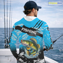 Load image into Gallery viewer, Walleye Fishing Blue Camo Jerseys Custom Performance Long Sleeve Hooded Tournament Fishing Shirts NHT509