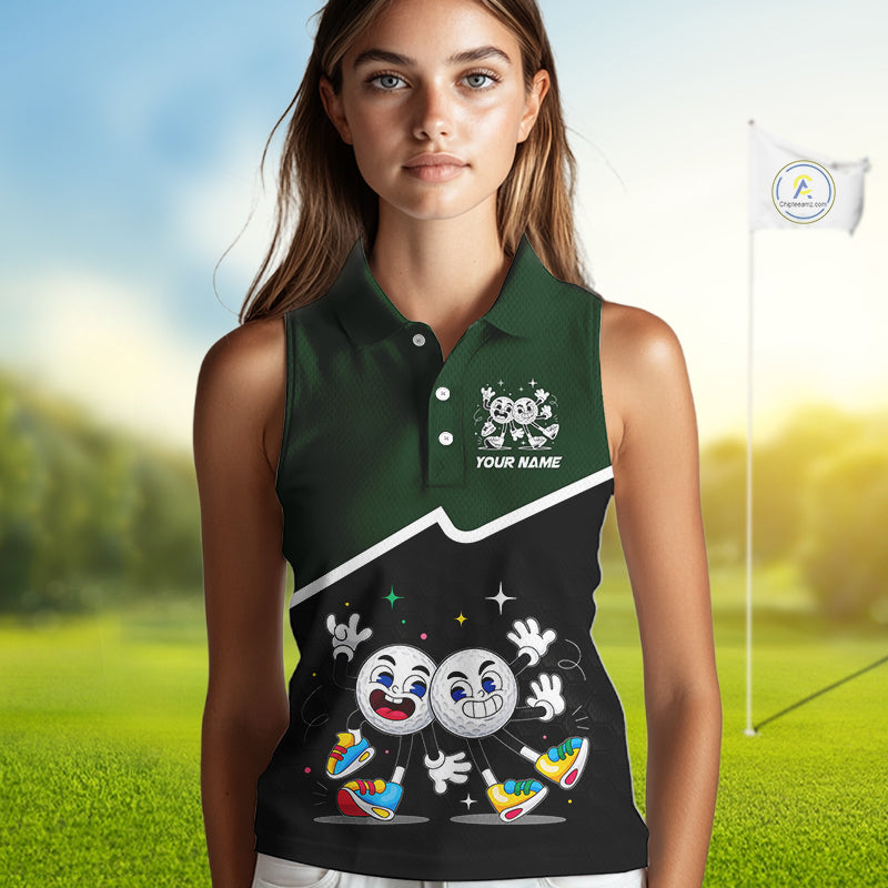 Custom Green And Black Sleeveless Womens Golf Polo Shirt, Custom Golf Balls Team Jerseys NHT865