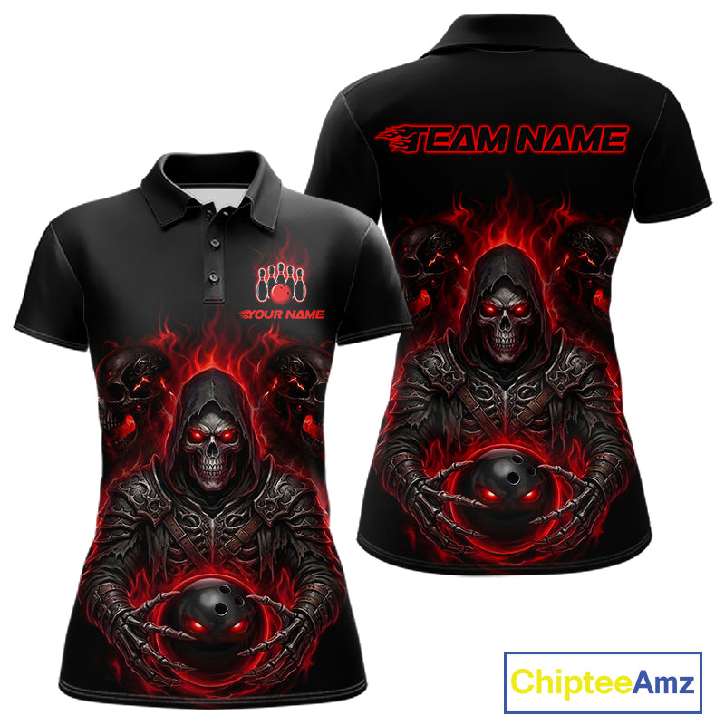 Black short-sleeve polo shirt shown from the front and back, featuring a large red and black hooded skull graphic with glowing red eyes and flame effects, plus customizable text areas on the chest and back. A ChipteeAmz logo appears in the bottom right corner.