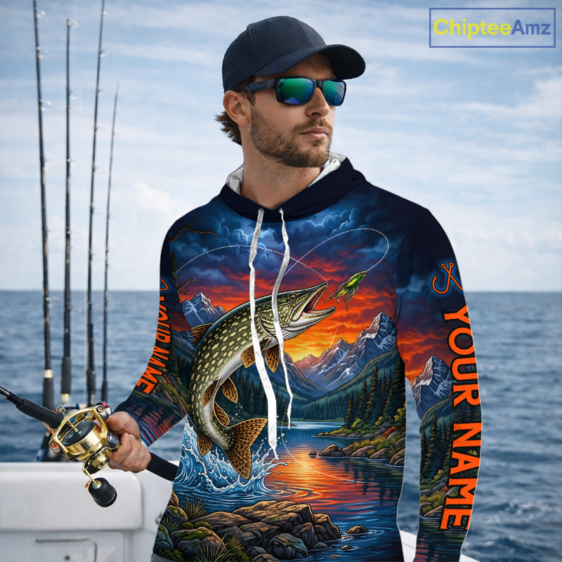 Personalized Northern Pike Hooded Fishing Shirt, Mountain River Fishing Jersey, Custom Team Shirt NHT1819