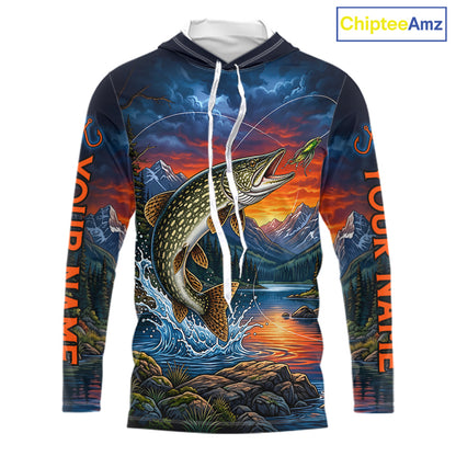 Personalized Northern Pike Hooded Fishing Shirt, Mountain River Fishing Jersey, Custom Team Shirt NHT1819