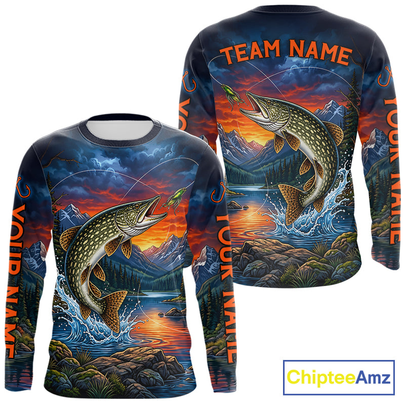 Personalized Northern Pike Fishing Shirt, Mountain River Fishing Jersey, Custom Team Shirt NHT1819