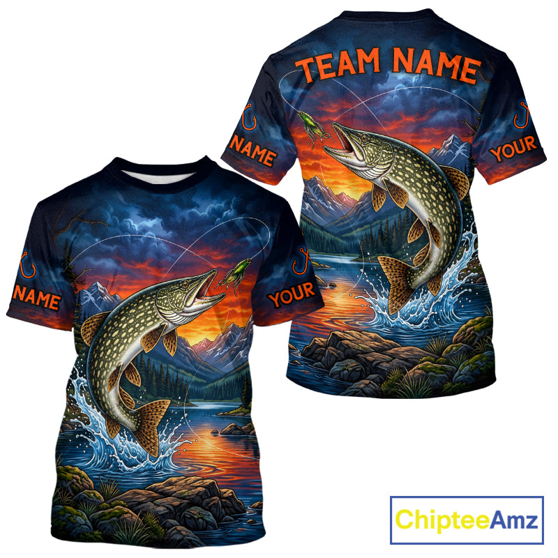 Northern Pike Fishing Shirt Short Sleeve T-Shirt design Moutain