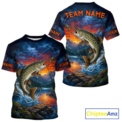 Northern Pike Fishing Shirt Short Sleeve T-Shirt design Moutain