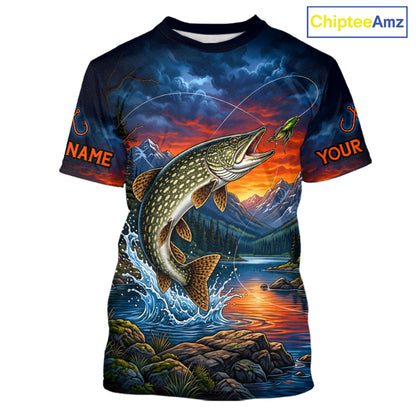 Northern Pike Fishing Shirt Short Sleeve T-Shirt design Moutain