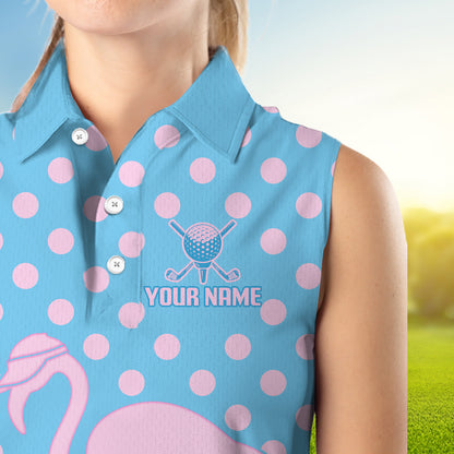 Women's Sleeveless Flamingo Golf Polo Shirt – Personalized Pink Flamingo Golf Jersey With Custom Name|Blue NHT1015