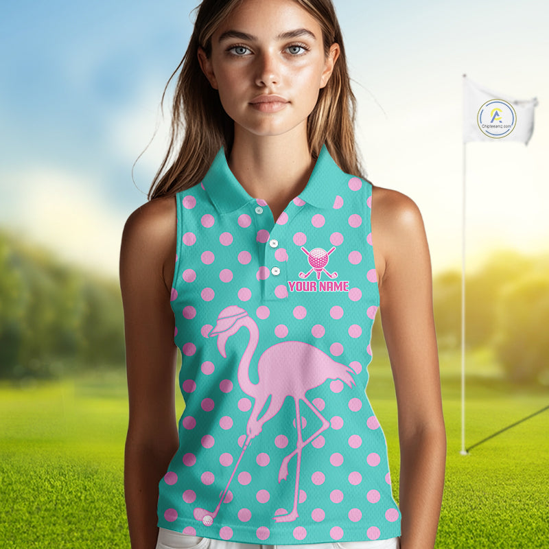 Women's Sleeveless Flamingo Golf Polo Shirt – Personalized Pink Flamingo Golf Jersey With Custom Name