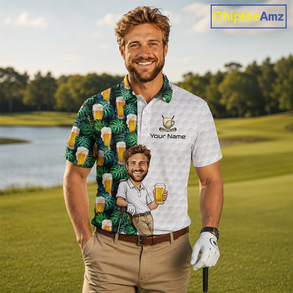 A man standing on a golf course wearing a custom-printed polo shirt. The shirt features a split design: one side has a green tropical leaf and beer glass pattern, and the other side is white with a golf ball texture, a golf club graphic, and the text 'Your Name'.
