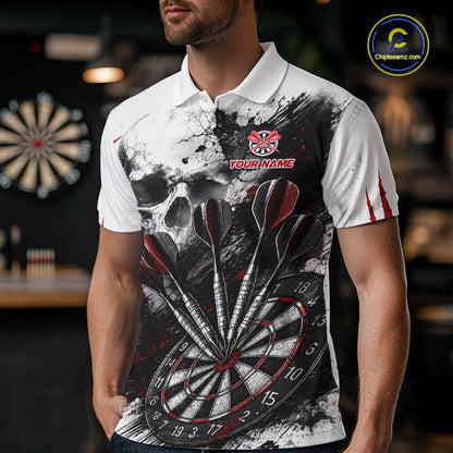 Skull Red Dart Board Polo 1/4-Zip Shirt For Men Custom Skull Darts Team Darts Tournament Jersey NHT1490