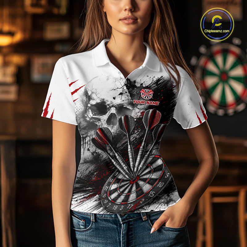 Skull Red Dart Board Polo 1/4-Zip Shirt For Women Custom Skull Darts Team Darts Tournament Jersey NHT1490