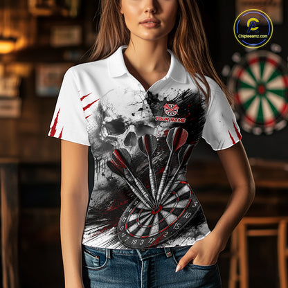 Skull Red Dart Board Polo 1/4-Zip Shirt For Women Custom Skull Darts Team Darts Tournament Jersey NHT1490