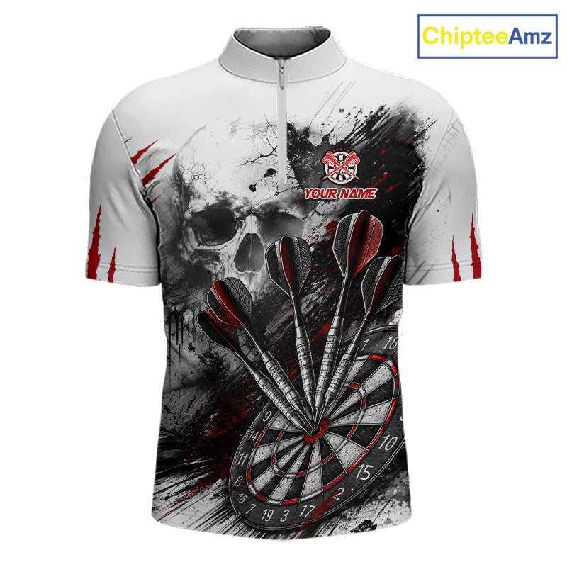 Skull Red Dart Board Polo 1/4-Zip Shirt For Men Custom Skull Darts Team Darts Tournament Jersey NHT1490