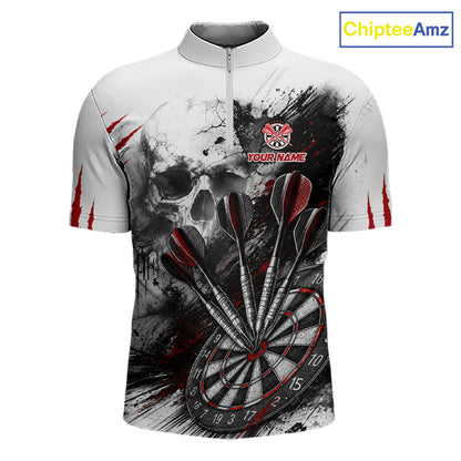 Skull Red Dart Board Polo 1/4-Zip Shirt For Men Custom Skull Darts Team Darts Tournament Jersey NHT1490