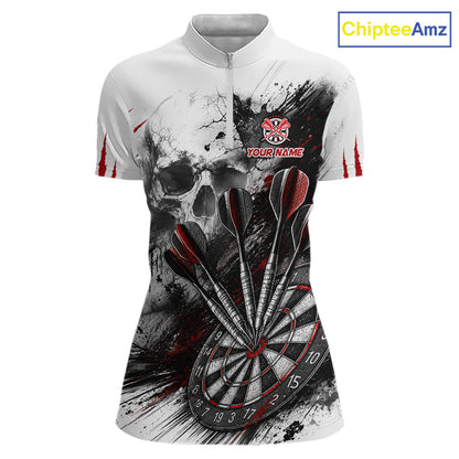 Skull Red Dart Board Polo 1/4-Zip Shirt For Women Custom Skull Darts Team Darts Tournament Jersey NHT1490