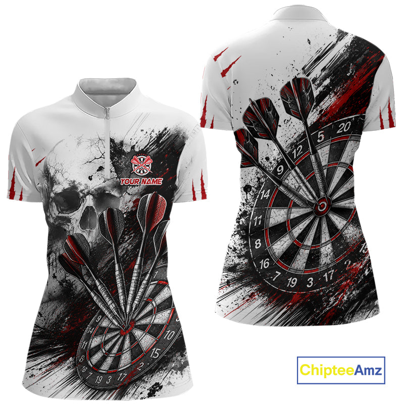 Skull Red Dart Board Polo 1/4-Zip Shirt For Women Custom Skull Darts Team Darts Tournament Jersey NHT1490